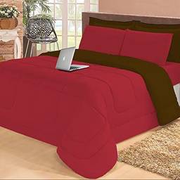 Jogo de cama Casal com edredom lençol fronha função cobre leito e cobertor (Vermelho e Marrom)
