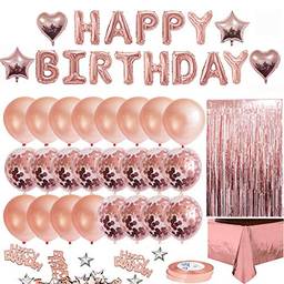 Balões de festa, ouro rosa Conjunto de decorações para festas de aniversário Meninas Mulheres Suprimentos para festas de aniversário de bebês Balões de feliz aniversário Fitas Cortinas Toalha de mesa