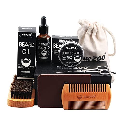 Mibee 7 em 1 kit de cuidados com a barba kit de crescimento de barba para homem com óleo de barba bálsamo de barba pente escova de barba tesoura saco de armazenamento