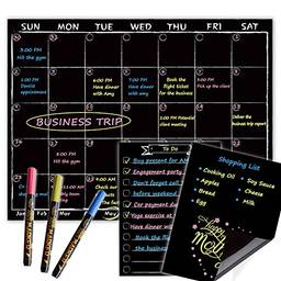 JJPRO Calendário mensal magnético de quadro-negro com marcadores de giz líquido neon brilhante – quadro de planejamento mensal para geladeira preta com bônus – lista de compras e bloco de notas para geladeira de cozinha