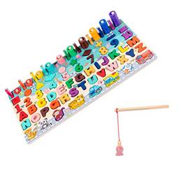 TOYANDONA Conjunto de brinquedos de pesca magnéticos para crianças, jogo de pesca de madeira, brinquedo de coordenação motora, alfabeto, classificação de cores, número de quebra-cabeça cognição, presente pré-escolar