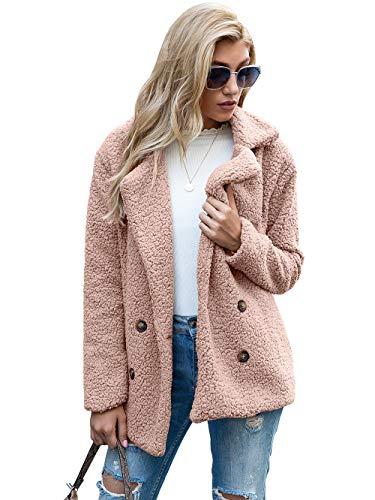 Casaco de lã feminino com lapela de pele falsa, casaco de inverno, confortável, quente, casaco (ROSA,P)