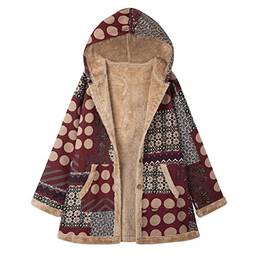KAJIA Casaco feminino plus size com capuz fofo fofo peles artificiais forrado com estampa vintage casaco jaqueta de inverno