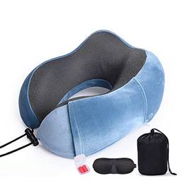 NEARAY Travesseiro de viagem portátil Com máscara para os olhos e tampões para os ouvidos, travesseiro de pescoço de espuma de memória travesseiro de apoio de pescoço avião almofada de descanso de dormir (Azul)
