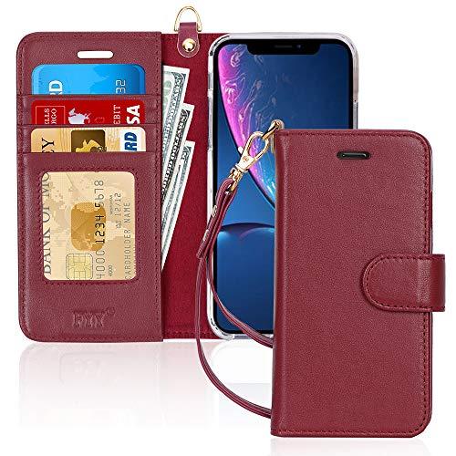 Capa FYY para iPhone Xr (6,1") 2018, [Recurso de suporte] Capa carteira flip de couro genuíno com bolsos para documentos e cartões de crédito para iPhone XR (6,1") 2018 Wine Red