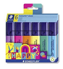 STAEDTLER, Textsurfer clássico Happy colours, longa duração de marcação, secagem em segundos, ponta de 1-5 mm, 6 marcadores em caixa de cartão, 364 C6 HÁ, Modelo: 364 C6 HA, Cor: Multicolorido