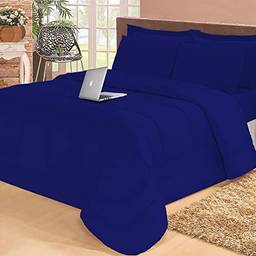 Jogo de cama Casal com edredom lençol fronha função cobre leito e cobertor (Azul Marino)