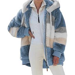 Mibee Casaco de pelúcia moda feminino de inverno com capa de manga comprida com zíper com bolso jaqueta quente e macia