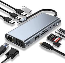 KABEWUS HUB USB C, estação de acoplamento, adaptador USB C 11 em 1 com HDMI 4K, VGA, porta USB 3.0, PD Tipo C, porta Ethernet RJ45, leitor de cartão SD/TF, AUX de 3,5 mm, compatível com MacBook Pro/Air, Mais dispositivos Tipo C