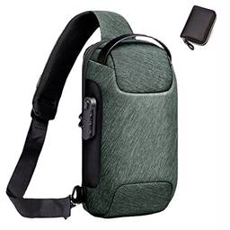 Mochila Sling com porta USB antifurto masculina, bolsa de ombro casual (preta + carteira, pequena), Verde + carteira, P