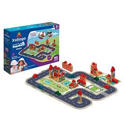 Brinquedo de Construir e Montar Brincando de Engenheiro Cidade 90 Peças Blocos de Madeira +3 anos - Xalingo 52772, Multicor
