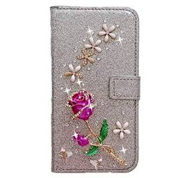 Capa carteira XYX para Samsung Galaxy A21S SM-A217, [flor rosa 3D] capa carteira de couro PU brilhante com glitter para mulheres e meninas, prata
