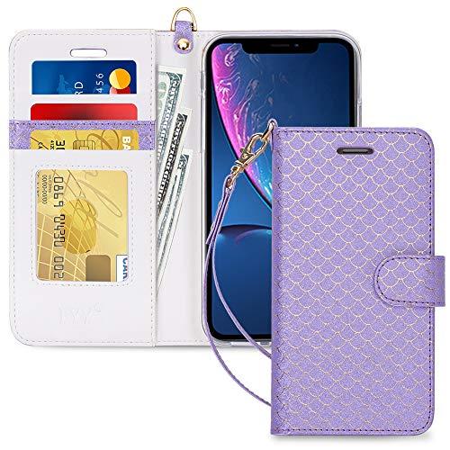 Capa de Celular FYY Para Iphone XR, Flip, PU, Compartimento de Cartão e Suporte - Efeito Escama de Peixe Roxo