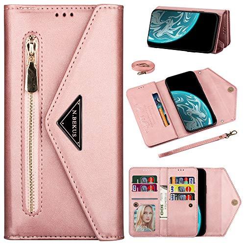 Capa carteira XYX para Samsung S10, Galaxy S10 com compartimento para cartão de crédito, alça transversal, bolsa de couro com zíper para Samsung S10 – Ouro rosa