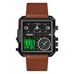Relógio masculino Esportivo Digital SKMEI, Relógio de pulso de quartzo analógico quadrado de LED grande com cronômetro à prova d'água com fuso multihorário, Negócio, Black Brown-light, 1.78*1.61*0.55 inch