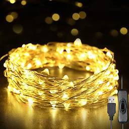 Zwbfu Luzes De Fadas,Luzes de fada 12m 120 LEDs Luzes de corda USB IP65 à prova d'água branco quente para Natal, casamento, interno/externo - fio de prata