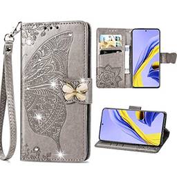 Capa carteira para iPhone 8 com estampa de diamante em relevo borboleta PU couro carteira capa flip para iPhone 7 - cinza