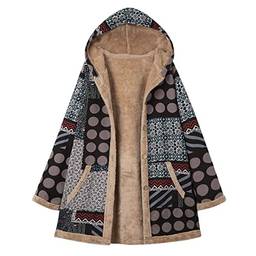 Chaqueta,Henniu Casaco feminino plus size com capuz e forro de pele sintética vintage com estampa vintage jaqueta de inverno sobretudo