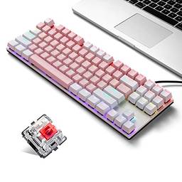 Mibee K87 87 teclas teclado mecânico com fio painel de metal injeção de duas cores keycap 20 efeitos de luz branco e rosa (interruptores vermelhos)