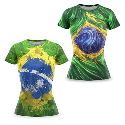 Kit 2 Camisetas Fitness Feminina Dry Fit Moda Blusinha Academia Beach Tennis Baby Look Brasil Poa