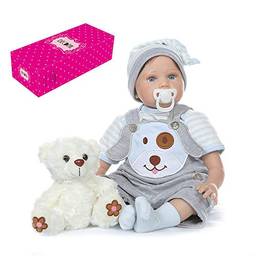JJone Boneca Reborn Baby 22 polegadas Pano Corpo Desperto Lifelike Toddler Silicone Play House Toy Gift com Cinza e Azul Roupa de Cachorro e Brinquedo de Urso