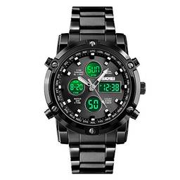SKMEI Relógio de pulso masculino, relógio digital analógico militar à prova d'água com cronógrafo de LED, relógio de negócios de aço inoxidável para homens, Clássico, Preto, 2.28*1.89*0.63 inches