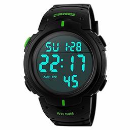 Relógio esportivo digital masculino com tela de LED, mostrador grande, à prova d'água, casual, luminoso, cronômetro, alarme, simples relógio militar, Verde