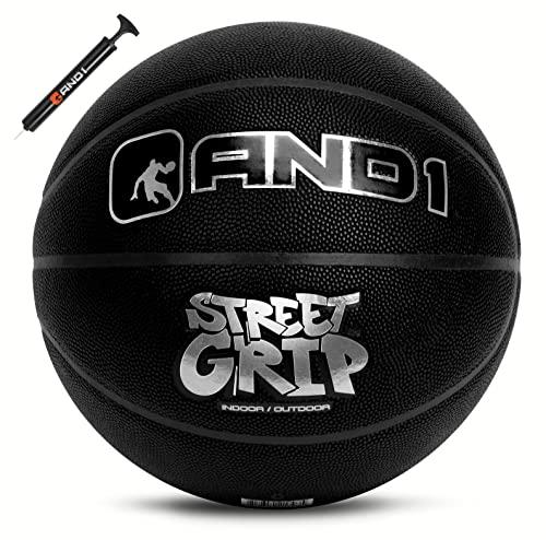 AND1 Street Grip Bola de basquete e bomba de couro composto premium - tamanho oficial 7 (75 cm), streetball, feito para jogos de basquete internos e externos (preto)