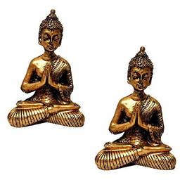 Kit de 2 Estátuas de Mini Buda Hindu Resina Dourado 8,5cm -