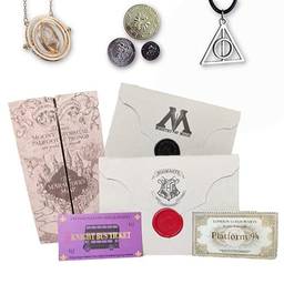 Kit Completo Harry Potter Presente - Mapa do Maroto, Carta Hogwarts & Ministério, Galeões, Vira Tempo Hermione & Colares Harry e Relíquias