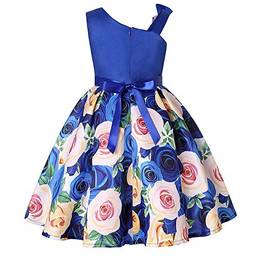 Houfung Vestido infantil de 3 a 9 anos com listras de flores para meninas, roupas infantis, vestido de princesa para festa de casamento, Azul 6, 8