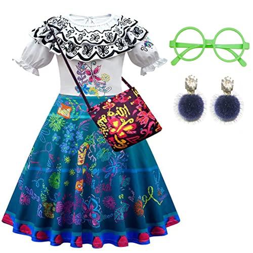 Hyullzl Encanto Mirabel Isabella Fantasia para meninas, cosplay, Halloween, com bolsa, óculos, brincos