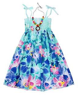 Cotrio Trajes de vestido floral de verão para meninas boho Roupas de verão para crianças pequenas e infantis Bohemia Rainbow com alça de espaguete havaiana 2-3 anos azul