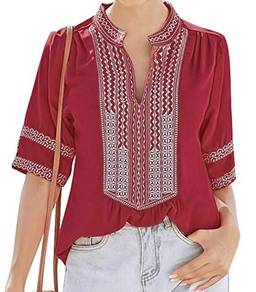 Cotrio Blusas femininas com decote em V Camiseta feminina casual estampa floral boho manga curta tops tamanho XL vermelho