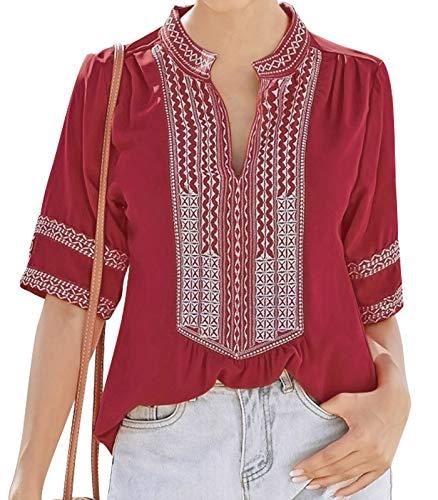 Cotrio Blusas femininas com decote em V Camiseta feminina casual estampa floral boho manga curta tops tamanho XL vermelho