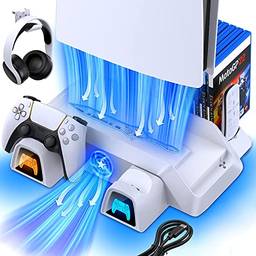 Suporte TwiHill para PS5 com estação de resfriamento e carregador de controle duplo para console Playstation 5 PS5, base PS5 com ventoinha, base de carregamento e suporte de jogo Branco