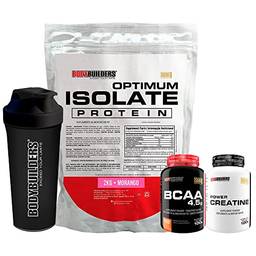 Kit Optimum Isolate Whey Protein 2kg + BCAA 100g + Power Creatina 100g + Coqueteleira - Bodybuilders Mor