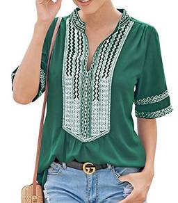 Cotrio Blusas femininas com decote em V Camiseta feminina casual estampa floral boho manga curta tops tamanho XL verde