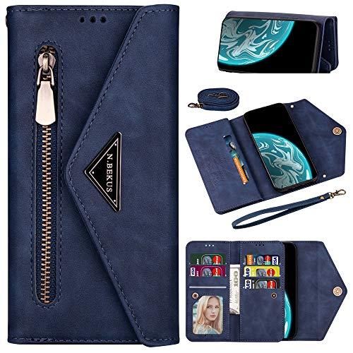 Capa carteira XYX para Samsung S10, Galaxy S10 com compartimento para cartão de crédito, alça transversal, alça de couro com zíper para Samsung S10 - Azul