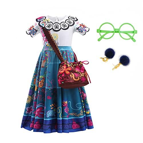 LZH Encanto Mirabel fantasia vestido para meninas cosplay Isabela Madrigal princesa Halloween vestido com óculos brincos, Azul, 9-10 Years