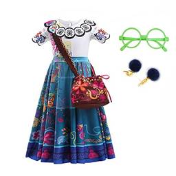 LZH Encanto Mirabel fantasia vestido para meninas cosplay Isabela Madrigal princesa Halloween vestido com óculos brincos, Azul, 6-7 Years