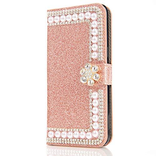 Capa carteira XYX para iPhone 11, capa carteira para iPhone 11, design com fivela de flor de pérolas com glitter e design de fivela de couro PU para meninas e mulheres para iPhone 11 de 6,1 polegadas (ouro rosa)