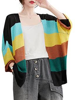 Cardigan Feminino,Yuwao Casaco tricotado feminino de malha aberta frente listrada cor contraste manga longa folgada casual cover ups