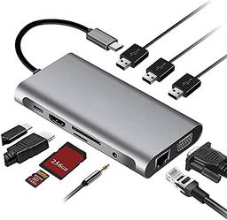 Hub USB C 3.0 Docking Station 10 em 1 com 4K HDMI, 100W PD, 3 portas USB 3.0, porta Ethernet 1000Mbps and VGA, leitor de cartão SD e TF, Adaptador hub USB C para MacBook/iPad/Chromebook