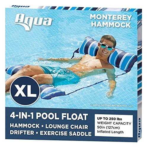 Cadeira inflável para piscina Aqua LEISURE 4 em 1 Monterey Hammock XL (mais longa/mais larga), boia para piscina para adultos, listras azul-marinho/branco (AZL18905BL)