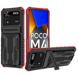 Capa Capinha Anti Impacto para Xiaomi Poco M4 Pro Suporte para Cartão,Poco M4 Pro 4G Capinha forte e Resistente + Película de Vidro (Vermelho)