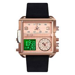 Relógio masculino Esportivo Digital SKMEI, Relógio de pulso de quartzo analógico quadrado de LED grande com cronômetro à prova d'água com fuso multihorário, Negócio, Rose Gold Black-light, 1.78*1.61*0.55 inch