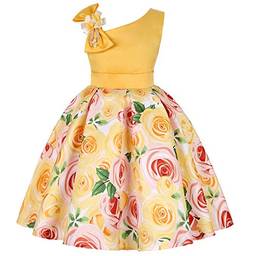 Houfung Vestido infantil de 3 a 9 anos com listras de flores para meninas, roupas infantis, vestido de princesa para festa de casamento, Amarelo 12, 2T
