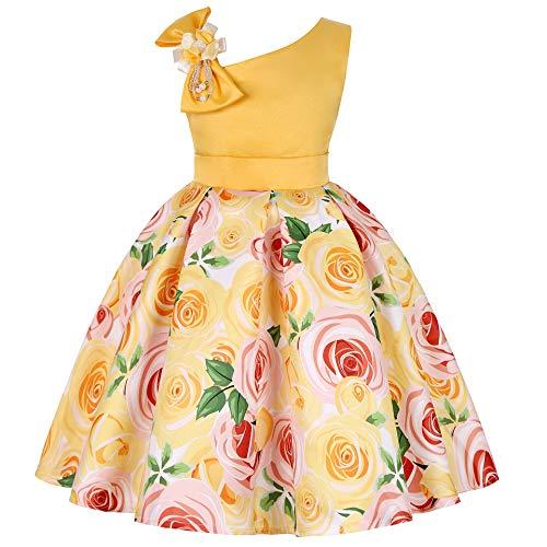 Houfung Vestido infantil de 3 a 9 anos com listras de flores para meninas, roupas infantis, vestido de princesa para festa de casamento, Amarelo 12, 3T