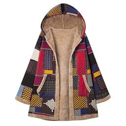 KAJIA Casaco feminino plus size com capuz fofo fofo peles artificiais forrado com estampa vintage casaco jaqueta de inverno